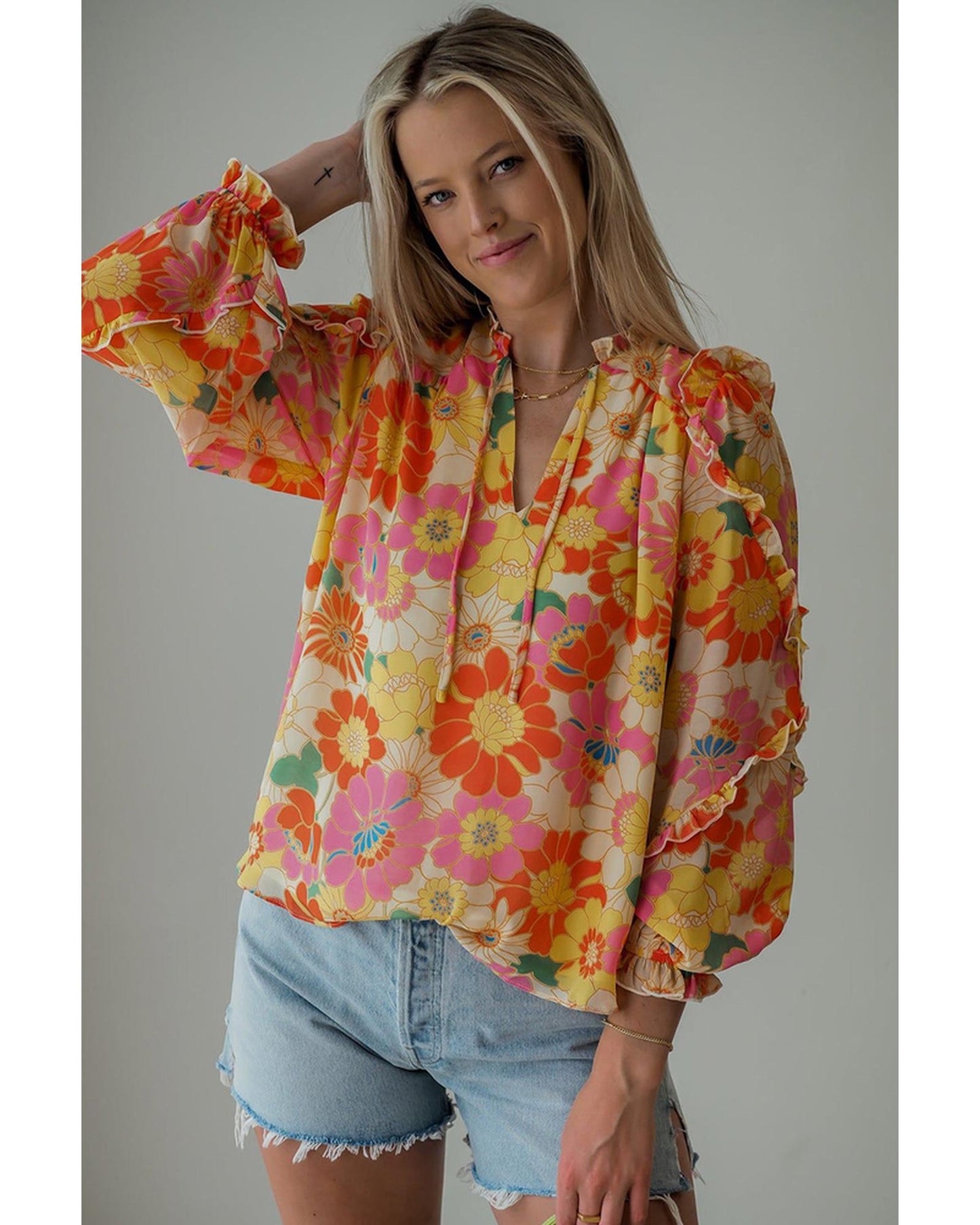 Azura Exchange Frilled Long Puff Sleeve Blouse - M