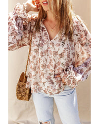 Azura Exchange Floral Print Bubble Sleeve Blouse - S