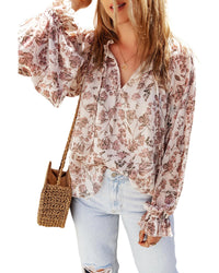 Azura Exchange Floral Print Bubble Sleeve Blouse - S