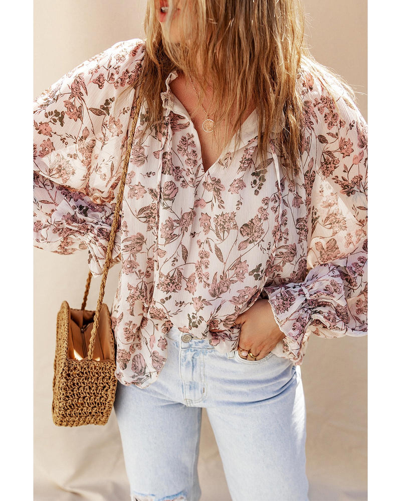 Azura Exchange Floral Print Bubble Sleeve Blouse - S