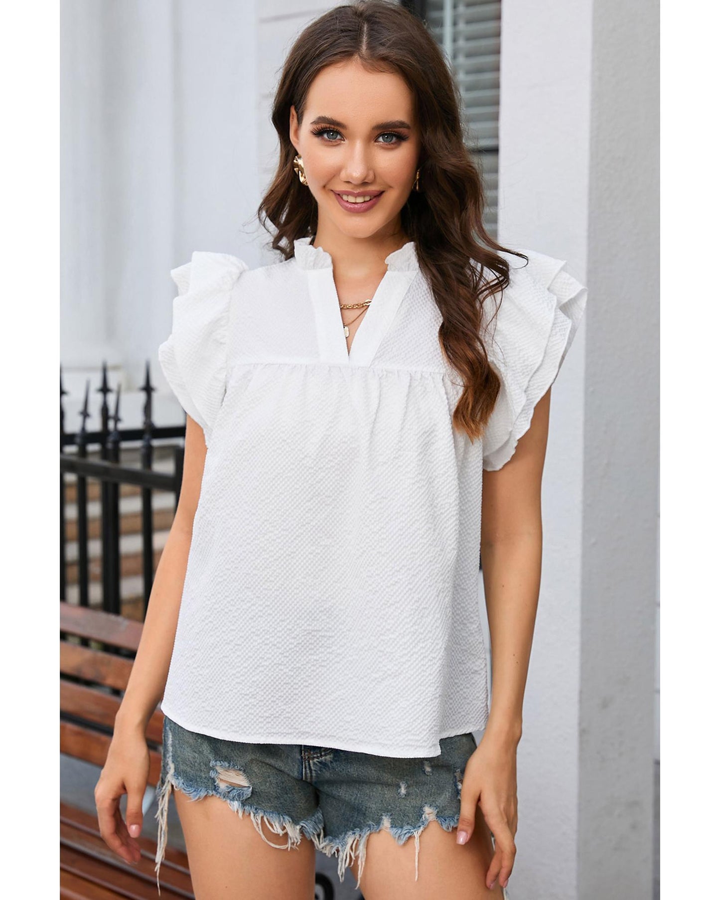 Azura Exchange Ruffle Flutter Sleeve Notch Neck Top - M