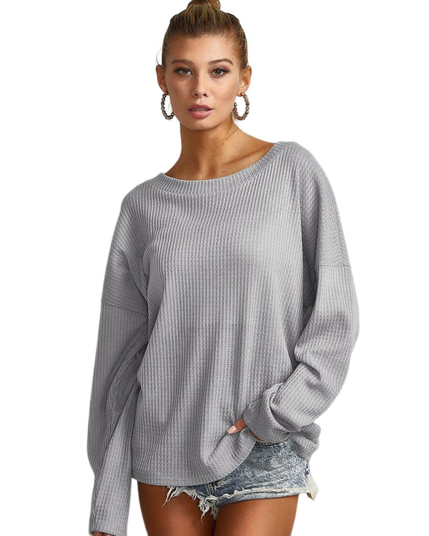 Azura Exchange Gray V Cut Drawstring Back Waffle Knit Top - L