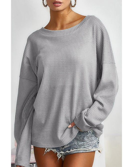 Azura Exchange Gray V Cut Drawstring Back Waffle Knit Top - M