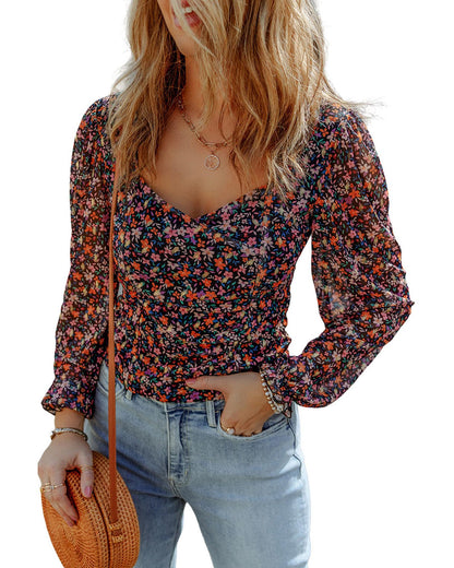 Azura Exchange V Neck Bubble Sleeve Floral Blouse - M