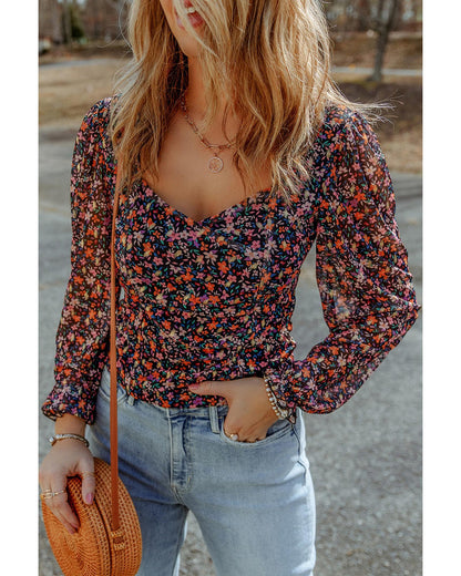 Azura Exchange V Neck Bubble Sleeve Floral Blouse - M