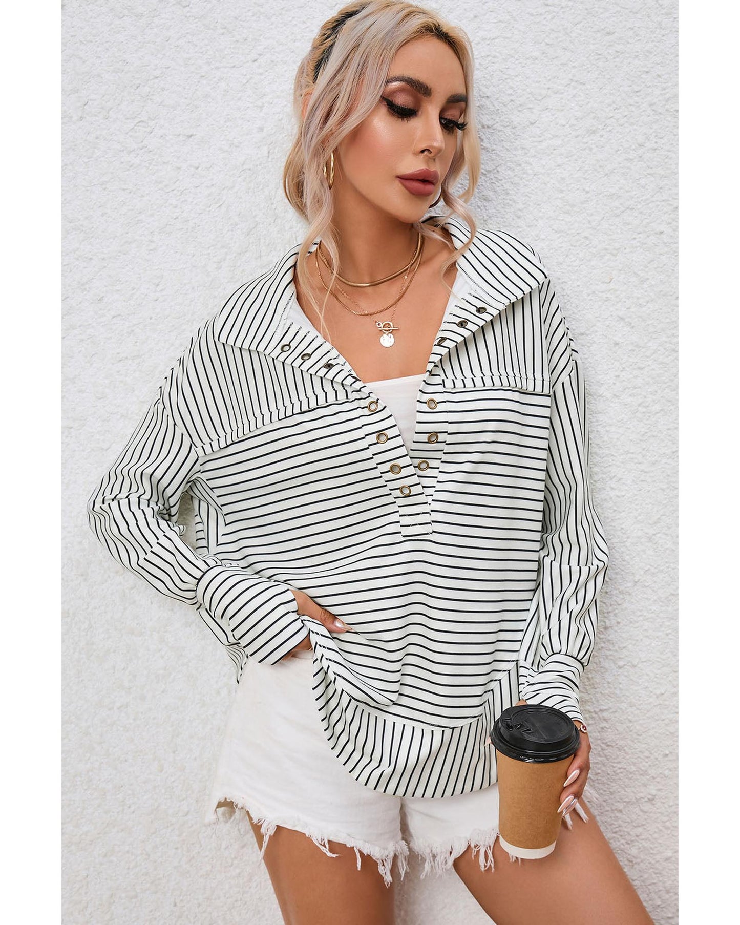 Azura Exchange Striped Thumbhole Drop Shoulder V Neck Top - M