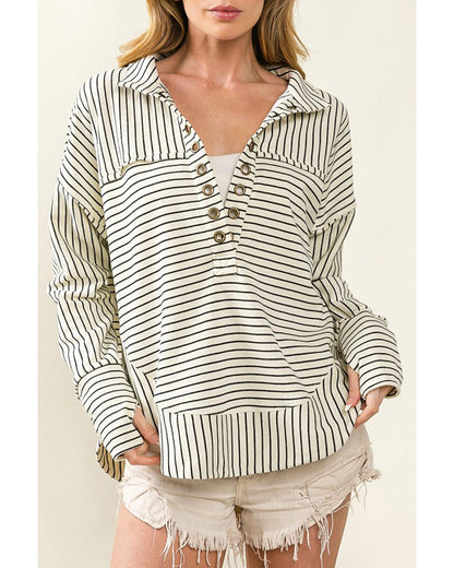 Azura Exchange Striped Thumbhole Drop Shoulder V Neck Top - M