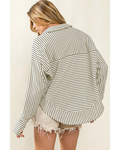 Azura Exchange Striped Thumbhole Drop Shoulder V Neck Top - M