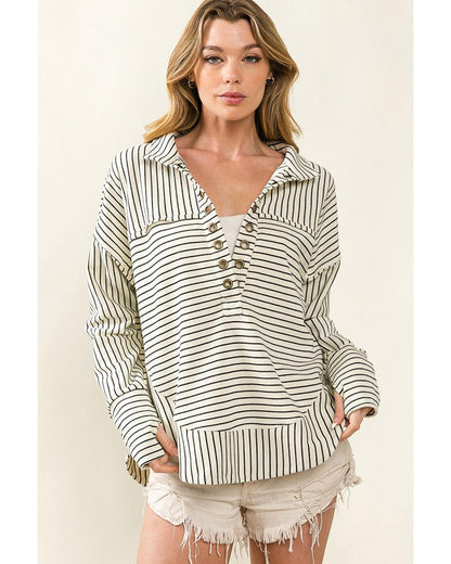 Azura Exchange Striped Thumbhole Drop Shoulder V Neck Top - M