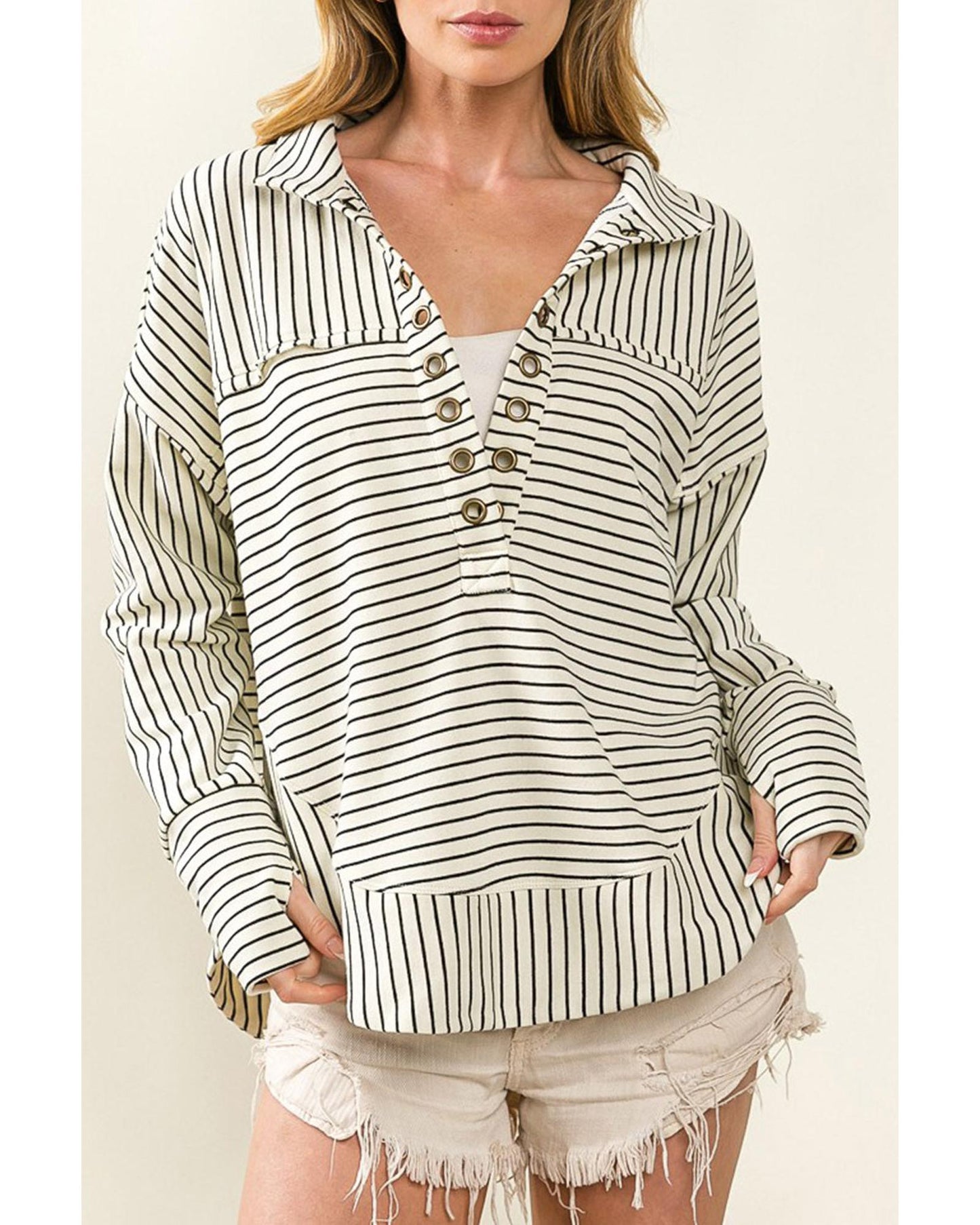 Azura Exchange Striped Thumbhole Drop Shoulder V Neck Top - XL