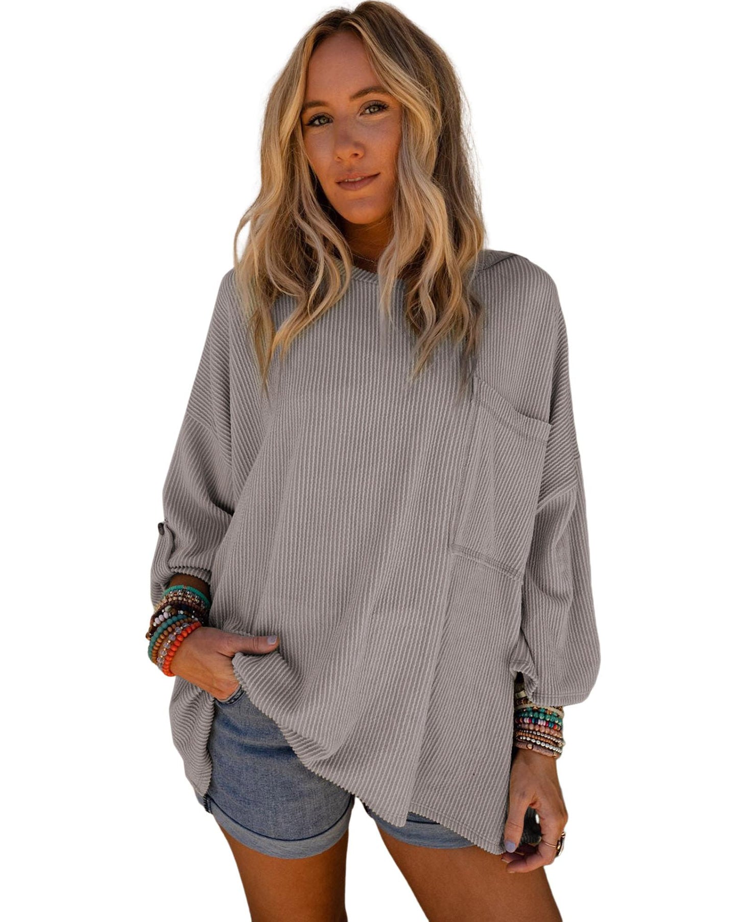 Azura Exchange Oversized Ribbed Knit Roll-tab Sleeve Top - XL