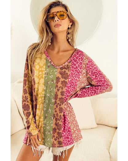 Azura Exchange Floral Leopard Mixed Print V Neck Long Sleeve Tee - M