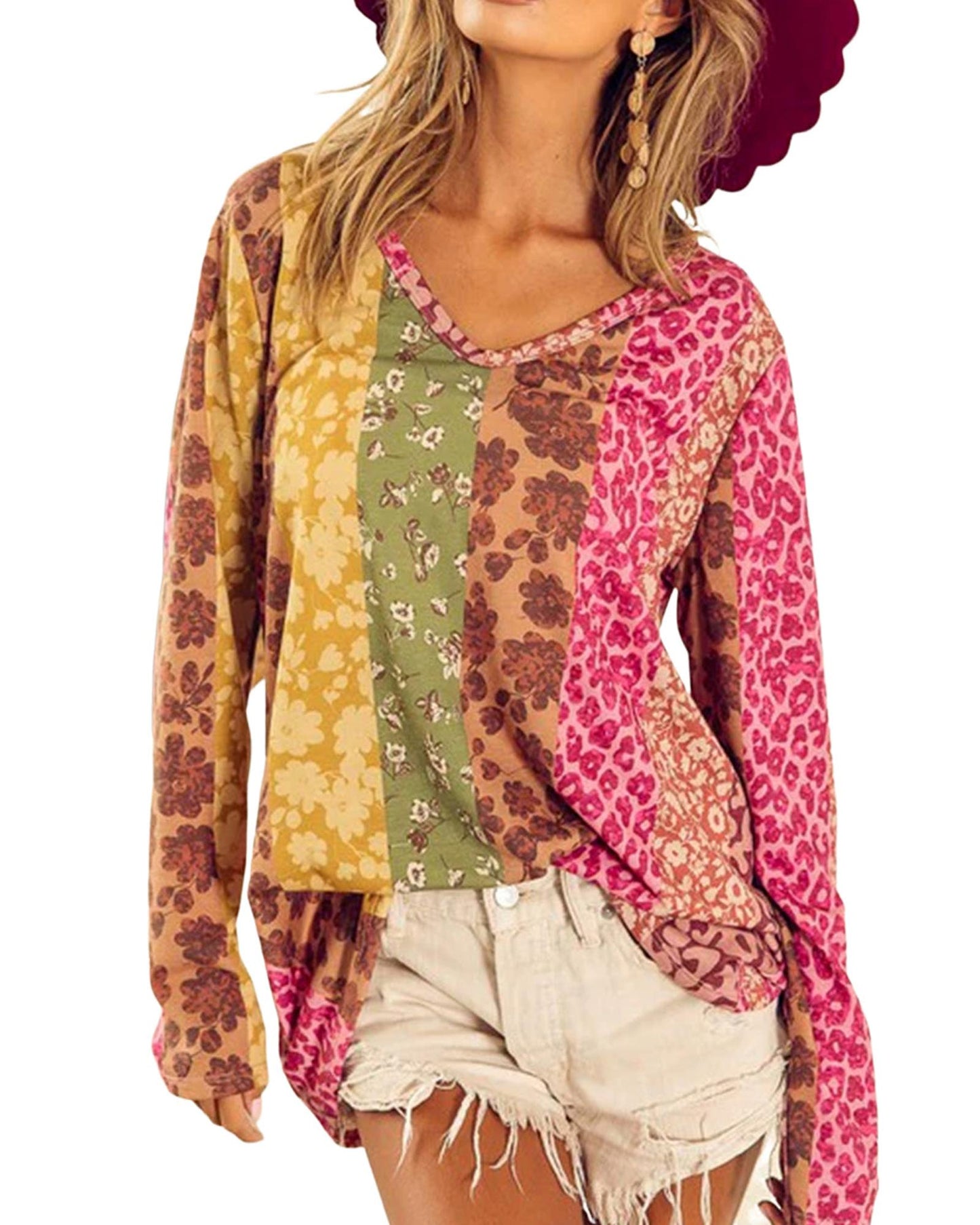 Azura Exchange Floral Leopard Mixed Print V Neck Long Sleeve Tee - M