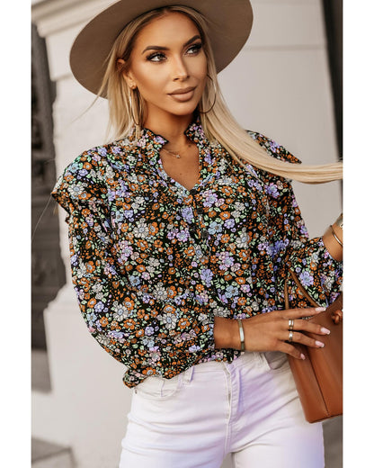 Azura Exchange Floral Print Ruffled Bubble Sleeve Shirt - S
