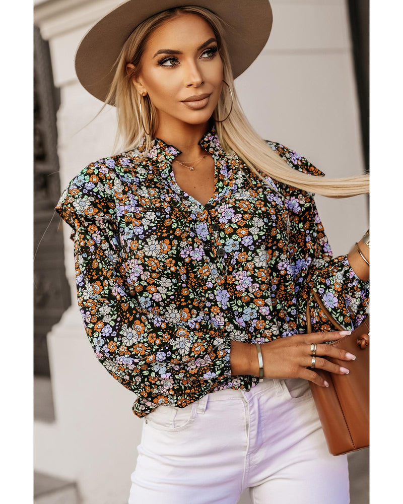 Azura Exchange Floral Print Ruffled Bubble Sleeve Shirt - S