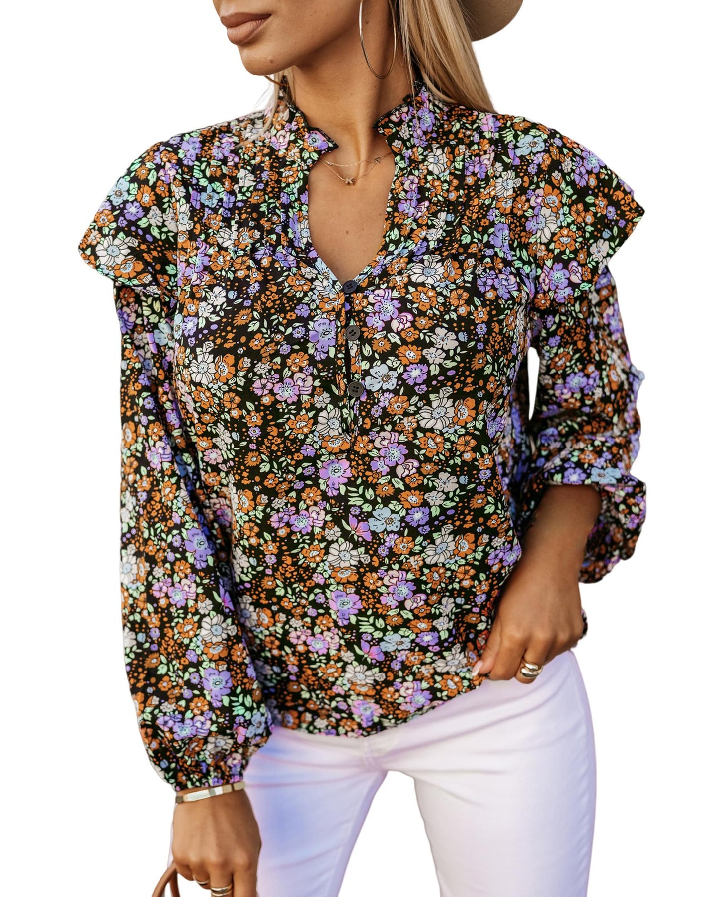 Azura Exchange Floral Print Ruffled Bubble Sleeve Shirt - S