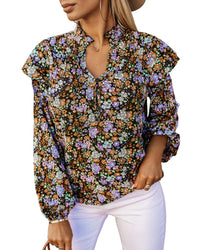 Azura Exchange Floral Print Ruffled Bubble Sleeve Shirt - S