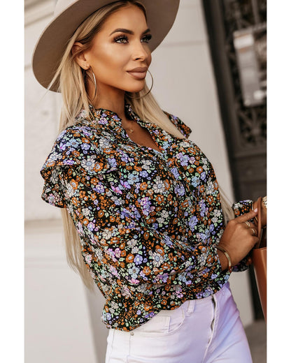 Azura Exchange Floral Print Ruffled Bubble Sleeve Shirt - S