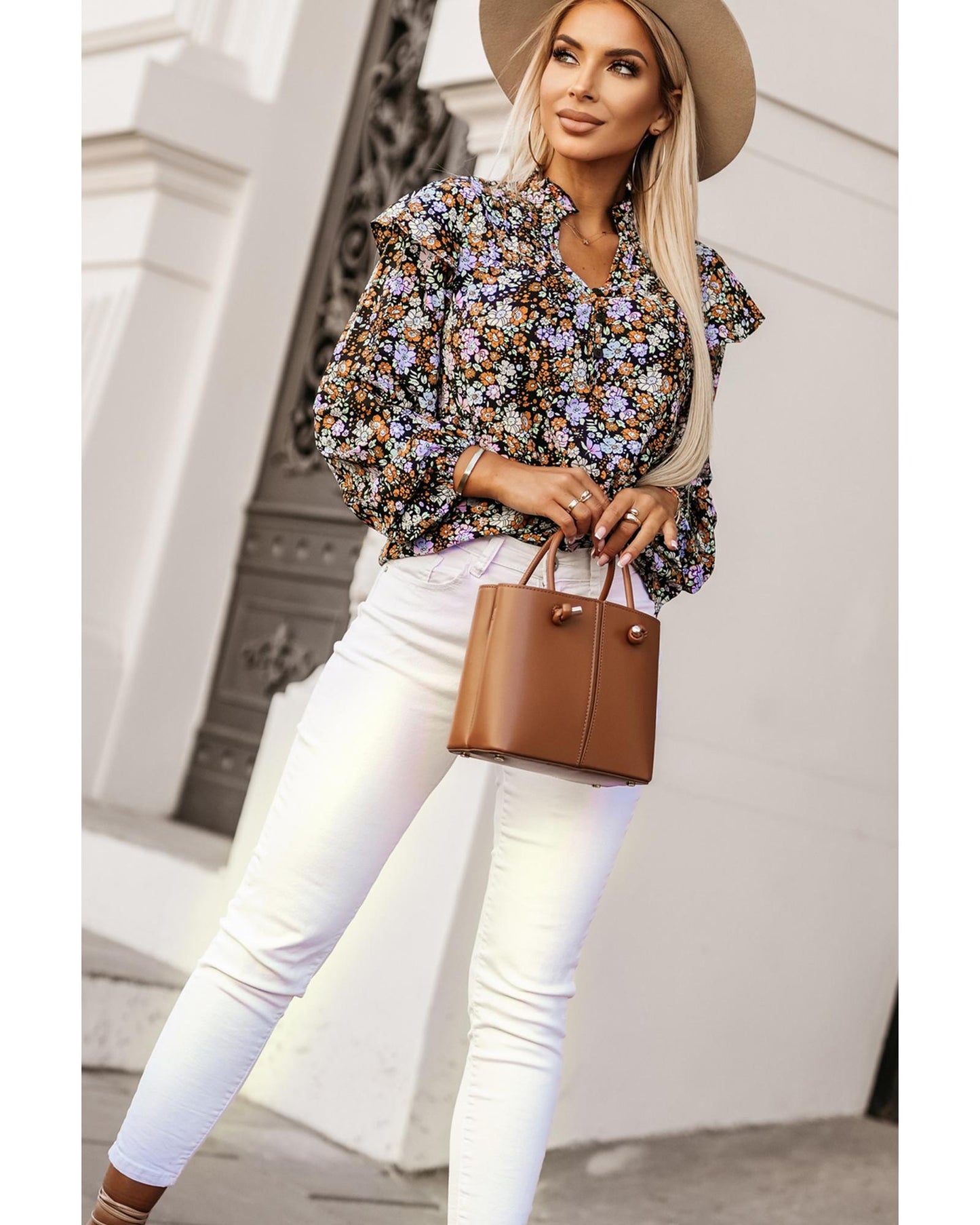 Azura Exchange Floral Print Ruffled Bubble Sleeve Shirt - S