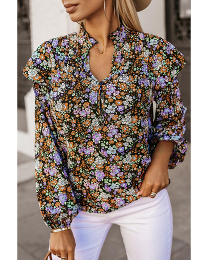Azura Exchange Floral Print Ruffled Bubble Sleeve Shirt - S