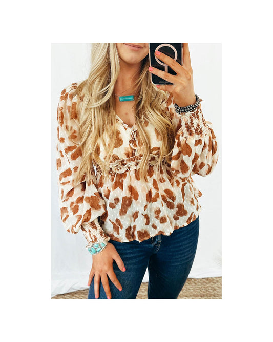 Azura Exchange Leopard Jacquard Puff Sleeve Peplum Blouse - L