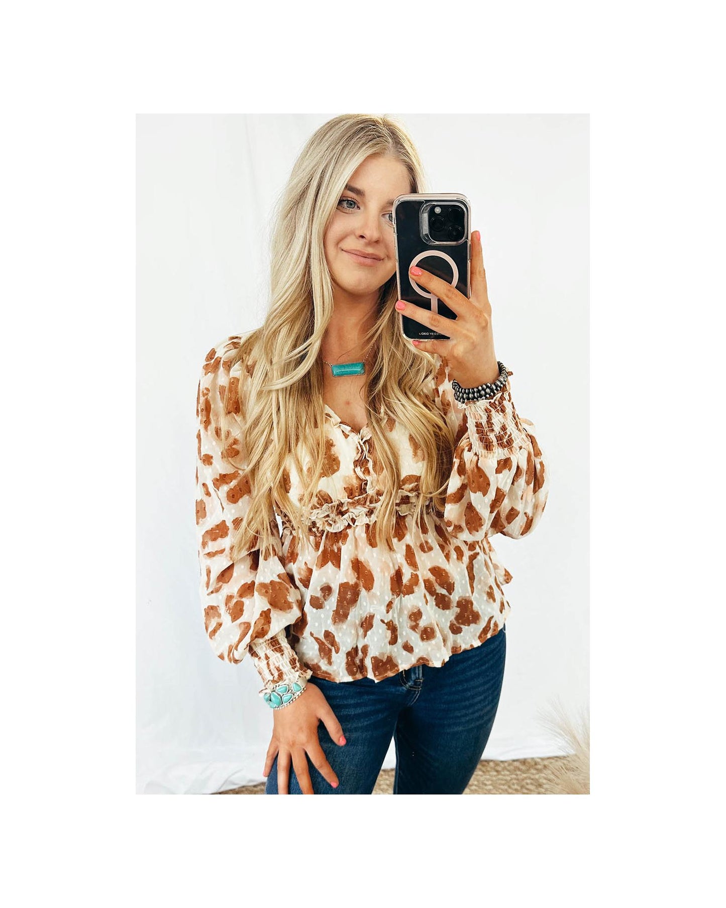 Azura Exchange Leopard Jacquard Puff Sleeve Peplum Blouse - XL