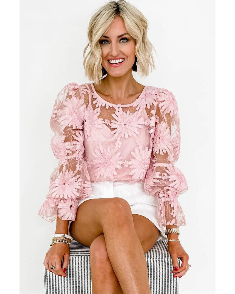 Azura Exchange Mesh Top with Ruffled Sleeves and Floral Detailing - L