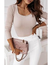 Azura Exchange Khaki Pearl Trim Square Neck Ribbed Knit Top - M