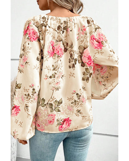 Azura Exchange Floral Print V-Neck Lantern Sleeve Blouse - XL