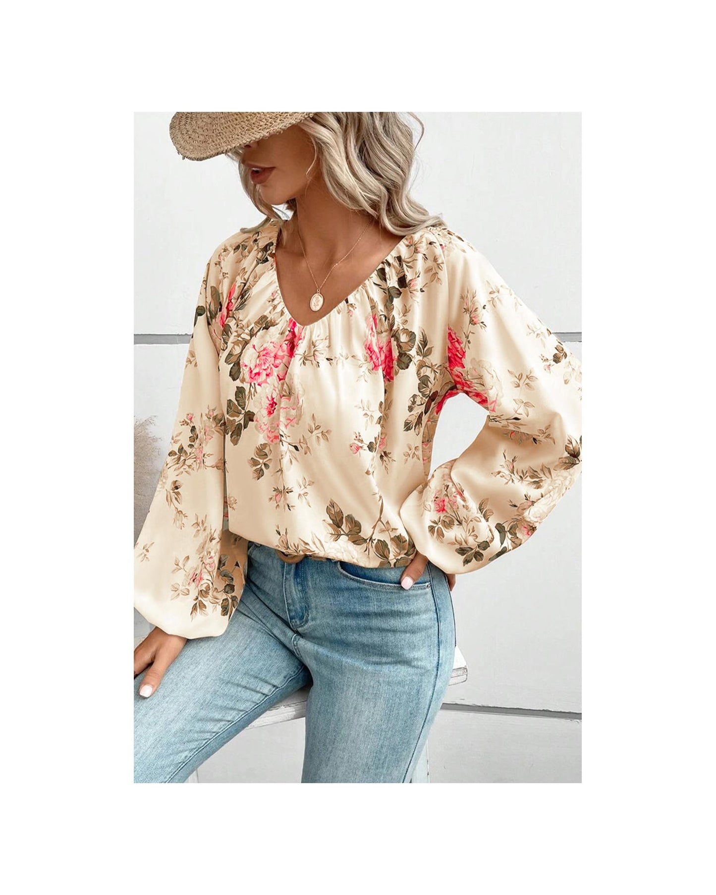 Azura Exchange Floral Print V-Neck Lantern Sleeve Blouse - XL