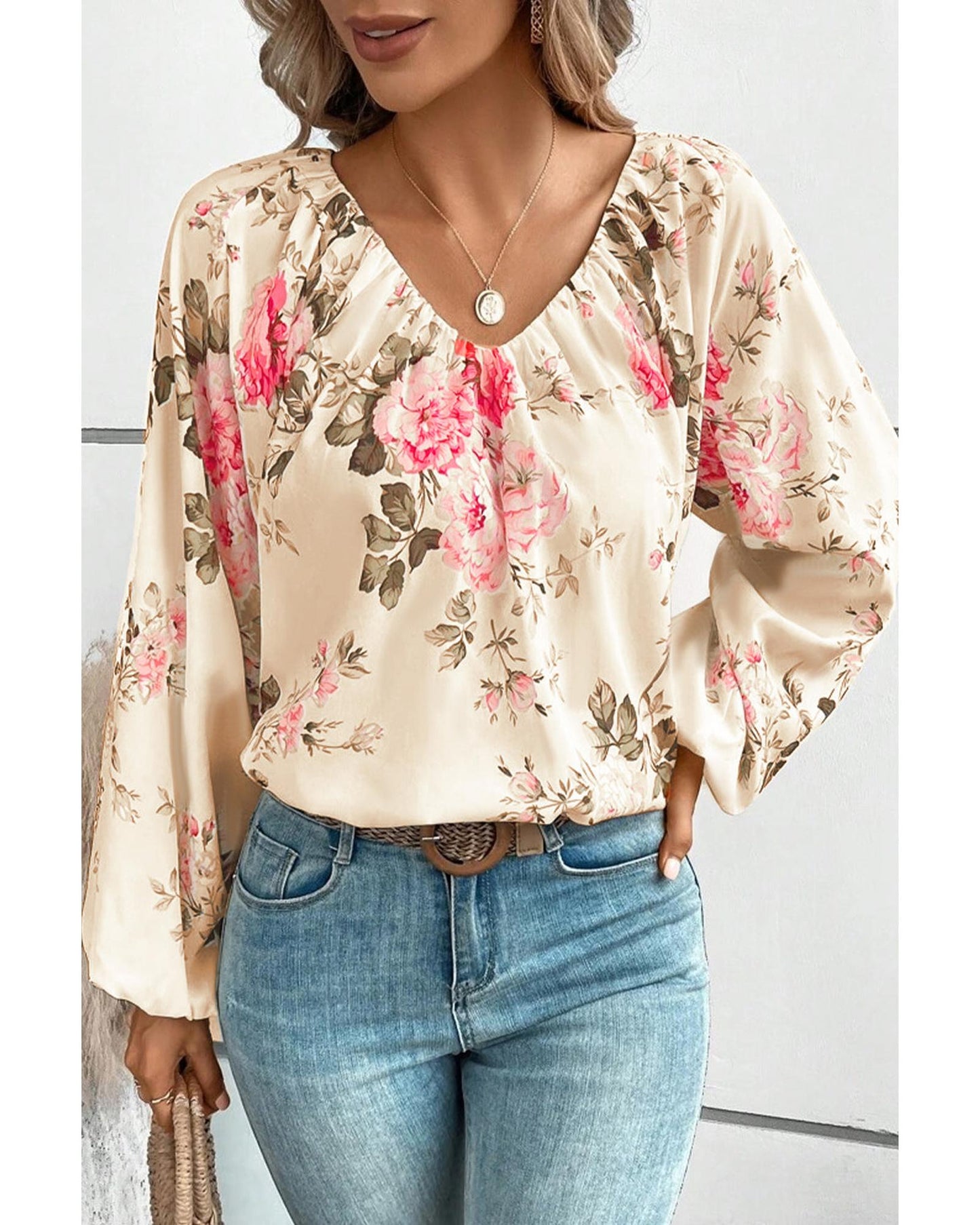 Azura Exchange Floral Print V-Neck Lantern Sleeve Blouse - XL