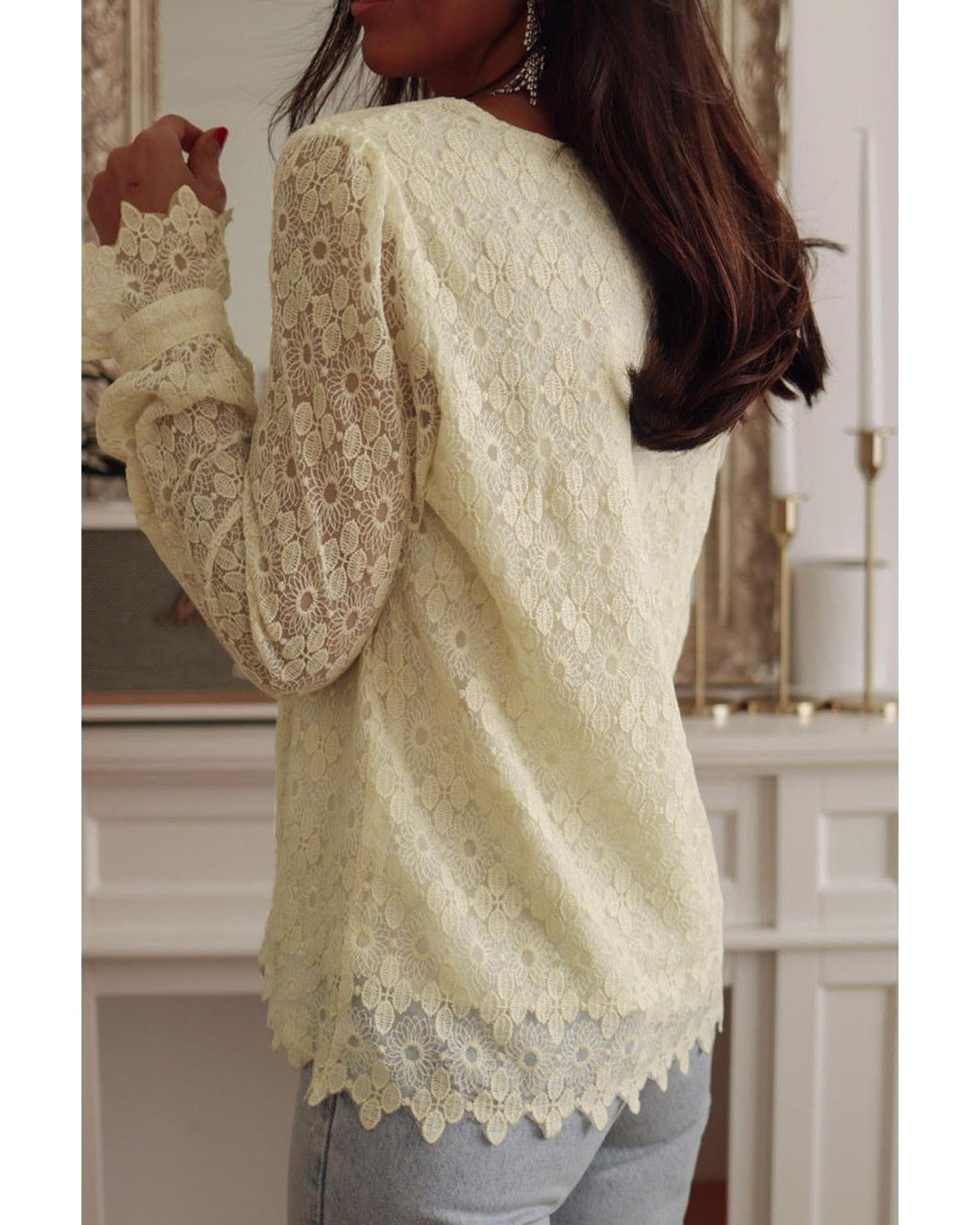 Azura Exchange Floret Lace V Neck Long Sleeve Blouse - M