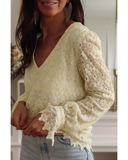 Azura Exchange Floret Lace V Neck Long Sleeve Blouse - M