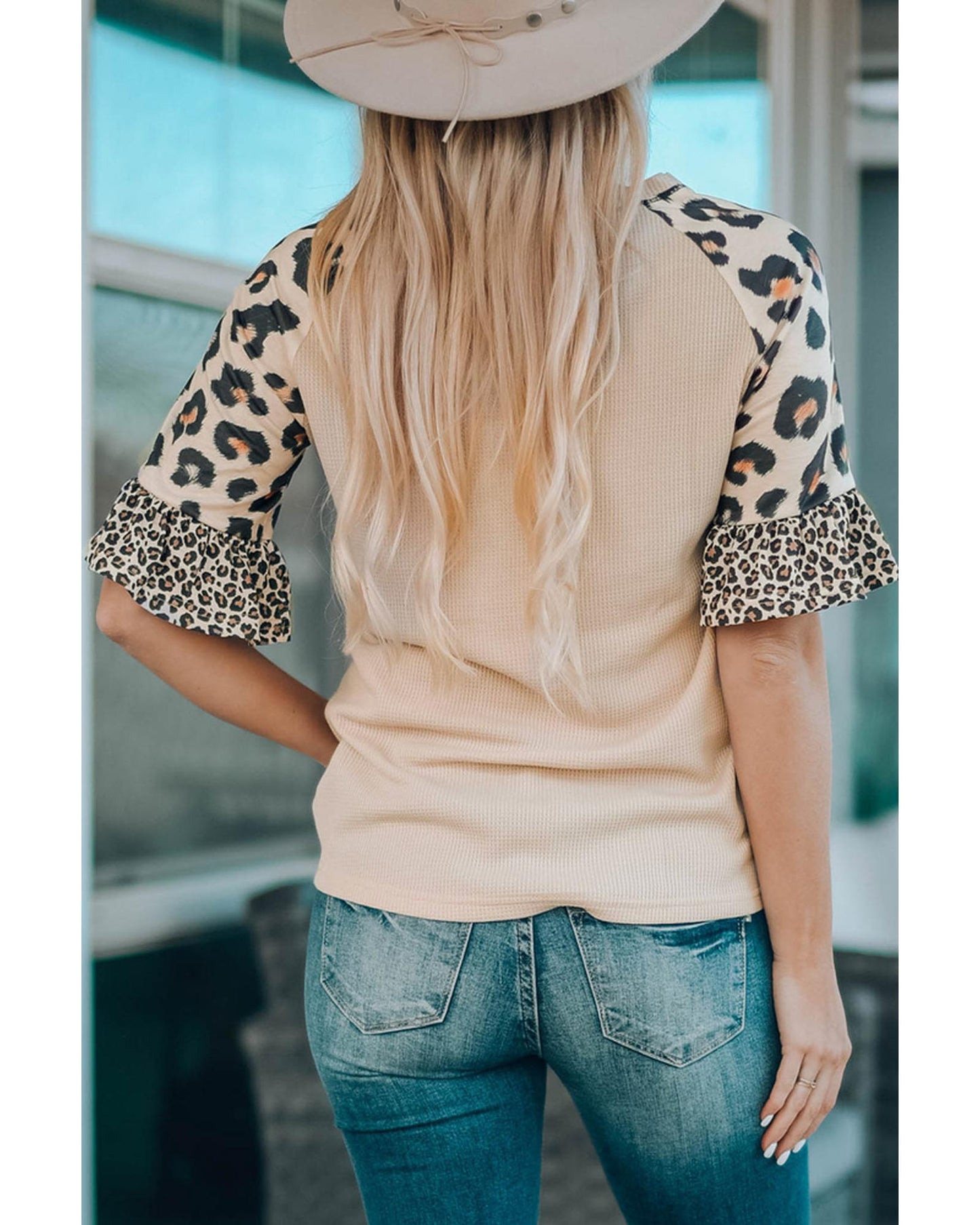 Azura Exchange Leopard Ruffle Sleeve Waffle Knit Top - M