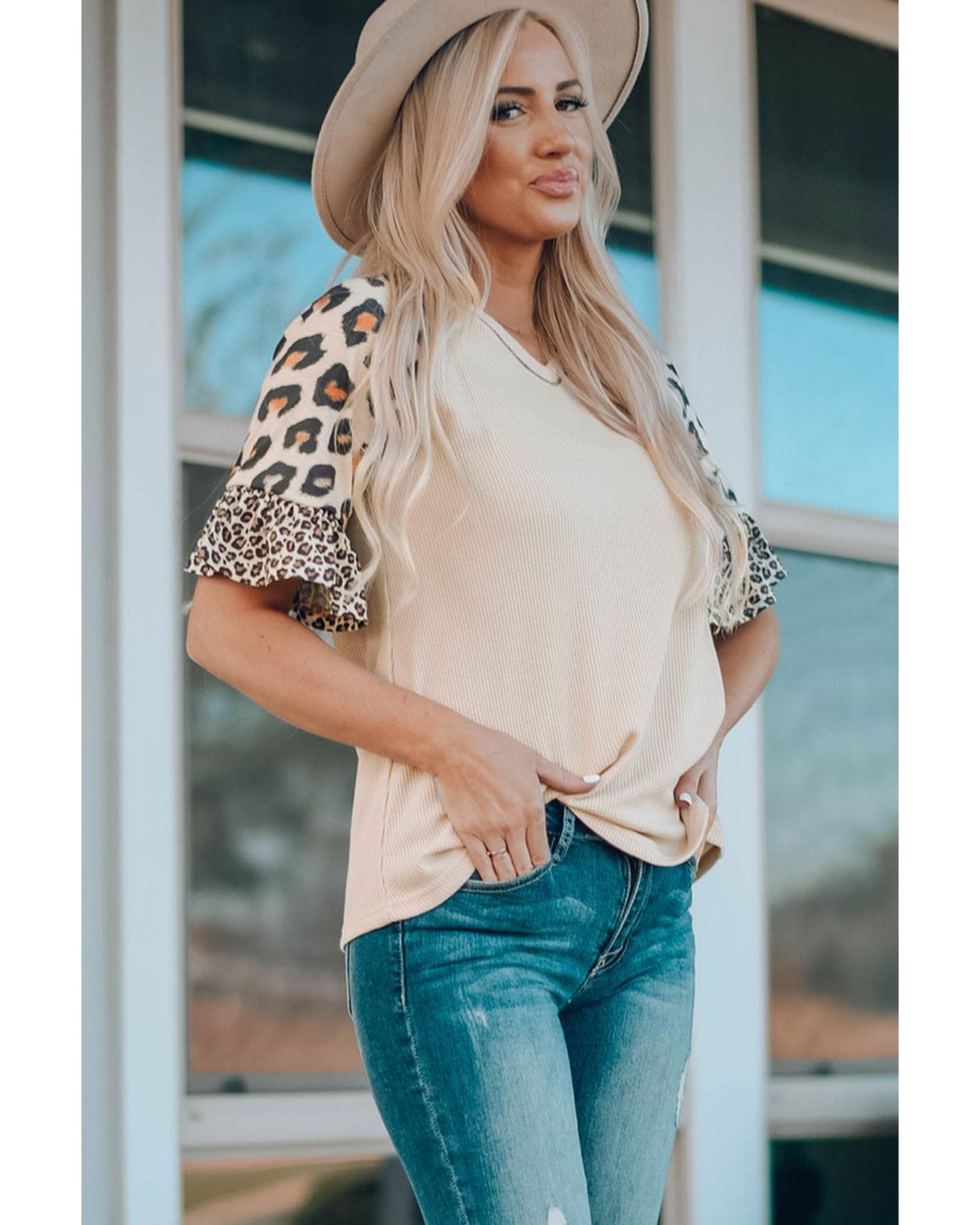 Azura Exchange Leopard Ruffle Sleeve Waffle Knit Top - M