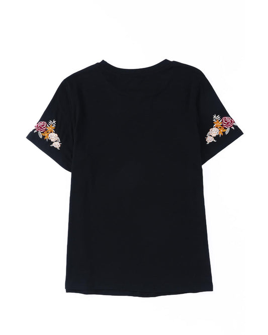 Azura Exchange Embroidered Short Sleeve T-Shirt with Floral Detail - L