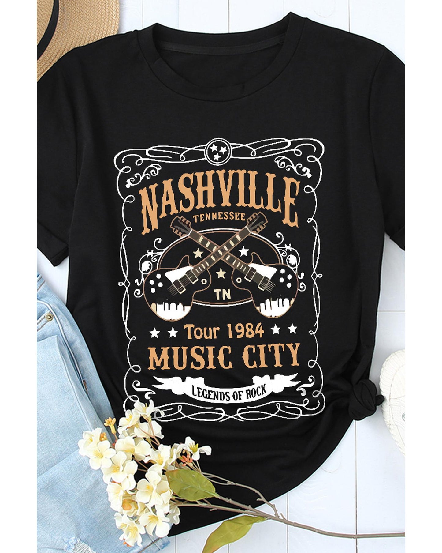 Azura Exchange NASHVILLE Letter Guitar Print Tee - M