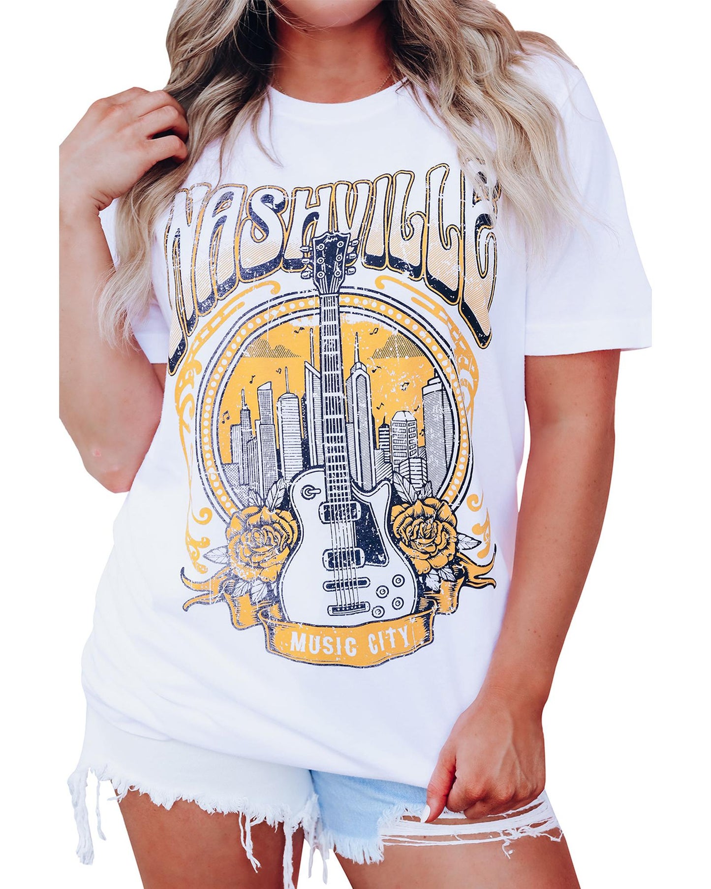 Azura Exchange Nashville Guitar Floral Print T-Shirt - M