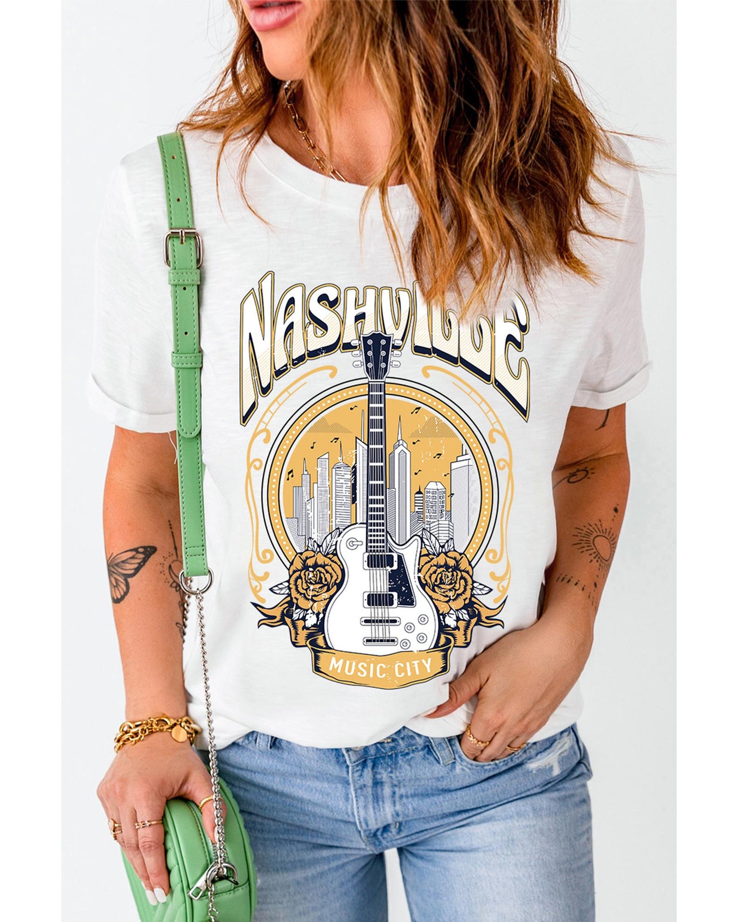 Azura Exchange Nashville Guitar Floral Print T-Shirt - M