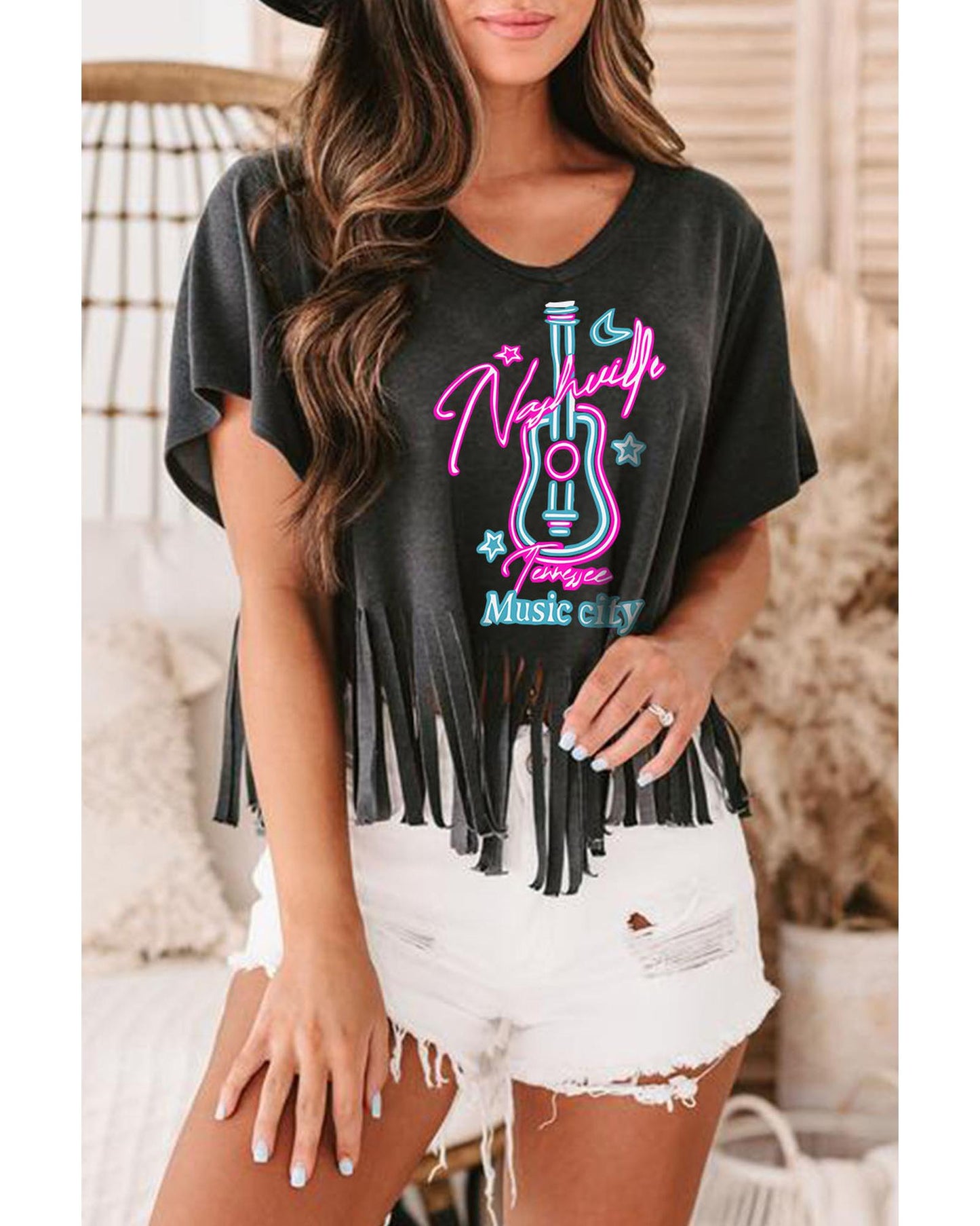 Azura Exchange Guitar Slogan Print Fringed V Neck Graphic Tee - L