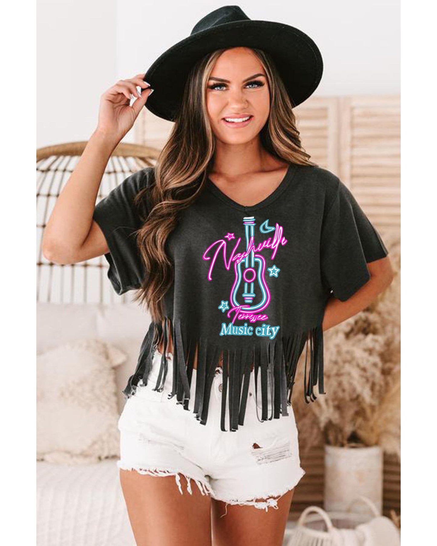 Azura Exchange Guitar Slogan Print Fringed V Neck Graphic Tee - L