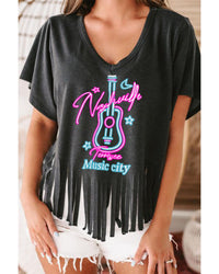 Azura Exchange Guitar Slogan Print Fringed V Neck Graphic Tee - S