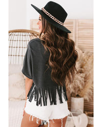 Azura Exchange Guitar Slogan Print Fringed V Neck Graphic Tee - S