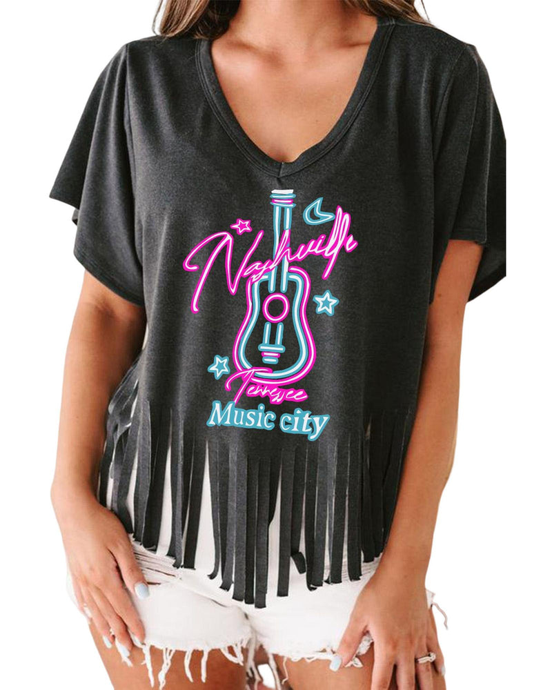 Azura Exchange Guitar Slogan Print Fringed V Neck Graphic Tee - S
