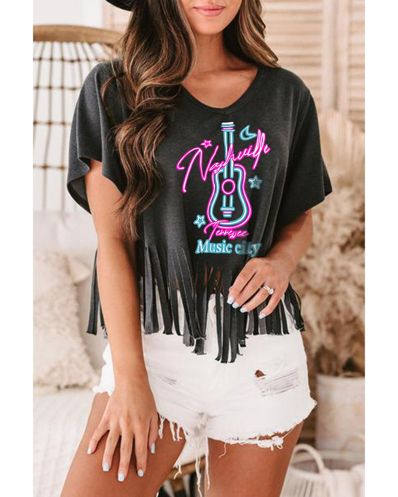Azura Exchange Guitar Slogan Print Fringed V Neck Graphic Tee - S
