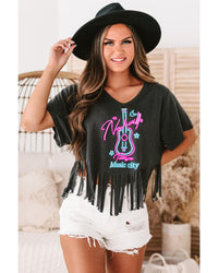 Azura Exchange Guitar Slogan Print Fringed V Neck Graphic Tee - S