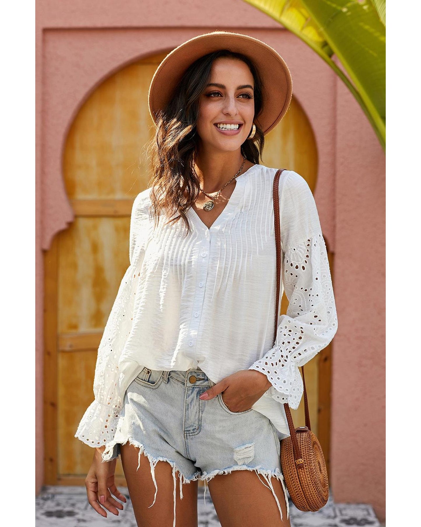 Azura Exchange Eyelet Button Down Top - M