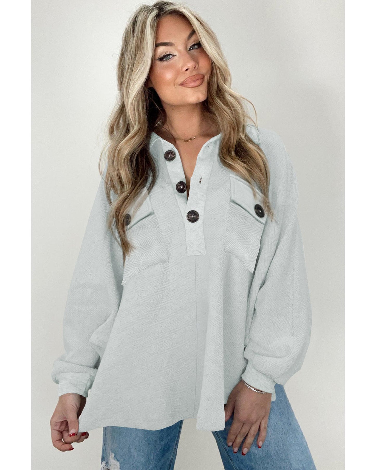 Azura Exchange Oversized Button Collared Sweatshirt - L