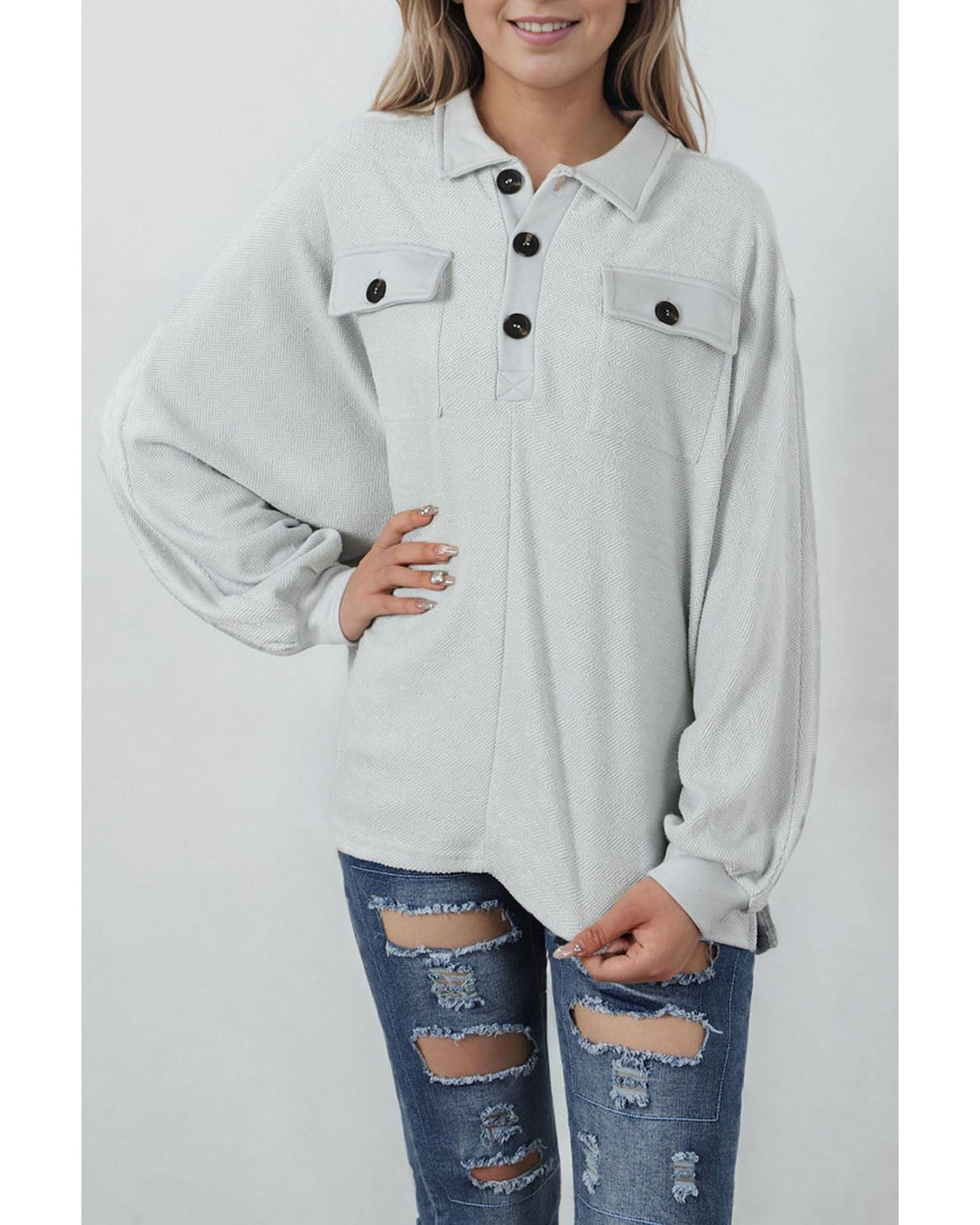 Azura Exchange Oversized Button Collared Sweatshirt - L