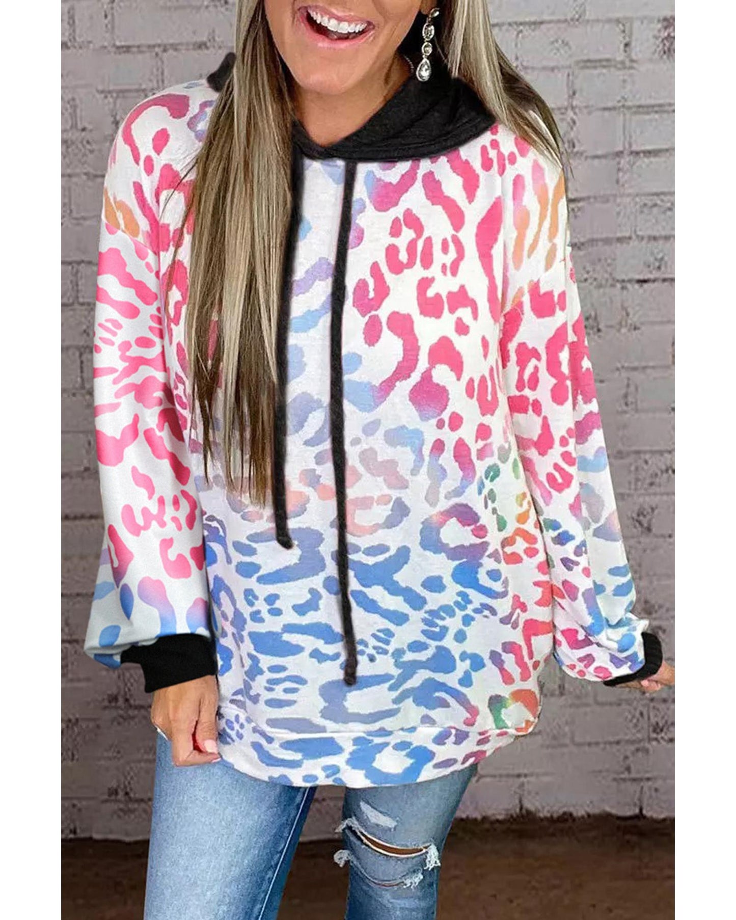 Azura Exchange Leopard Drawstring Hoodie with Colorful Splicing - S